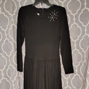 VTG Leslie Fay Black Long Sleeve Dress Goth Wednesday Atomic Beads 8/10? 15"x48"